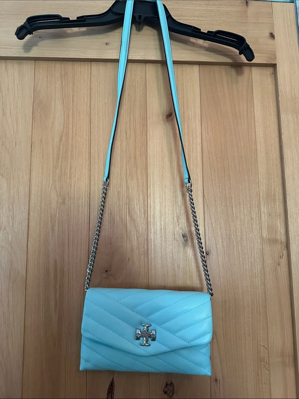 Tory Burch Kira Chevron Crossbody Chain Wallet WOC Light Celeste NWOT